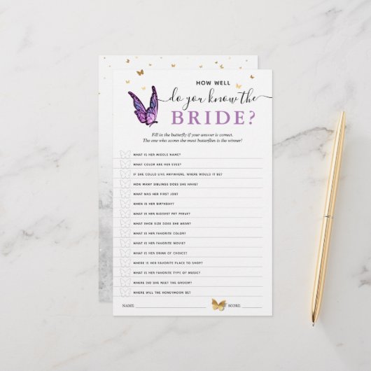 Fun Purple Watercolor Butterfly Bridal Shower Game (Vorderseite/Rückseite Beispiel)