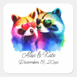 Fun Raccoon Couple | Romantische Hochzeit Quadratischer Aufkleber