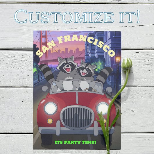 Fun Raccoons in Cabriolet Party Time San Francisco Postkarte