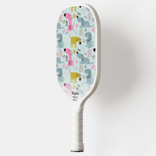 Fun Rainbow Doodles Personalisierter Text Pickleball Schläger (Links)