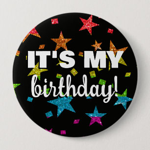 Fun Rainbow Glitter Star Confetti It's My Birthday Button