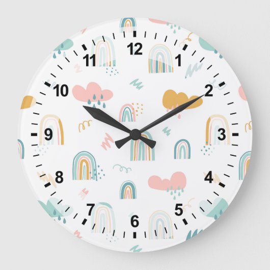 Fun Rainbow & Rain Cloud Pattern Große Wanduhr (Vorderseite)