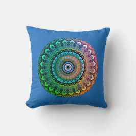 Fun Rainbow und Hearts Mandala auf Blue Kissen
