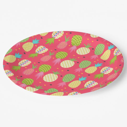Fun Raspberry Farbiges Ananas Muster Pappteller (Schrägansicht)