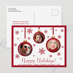 Fun Red Baubles & Snowflakes 3 Foto Urlaub Postkarte