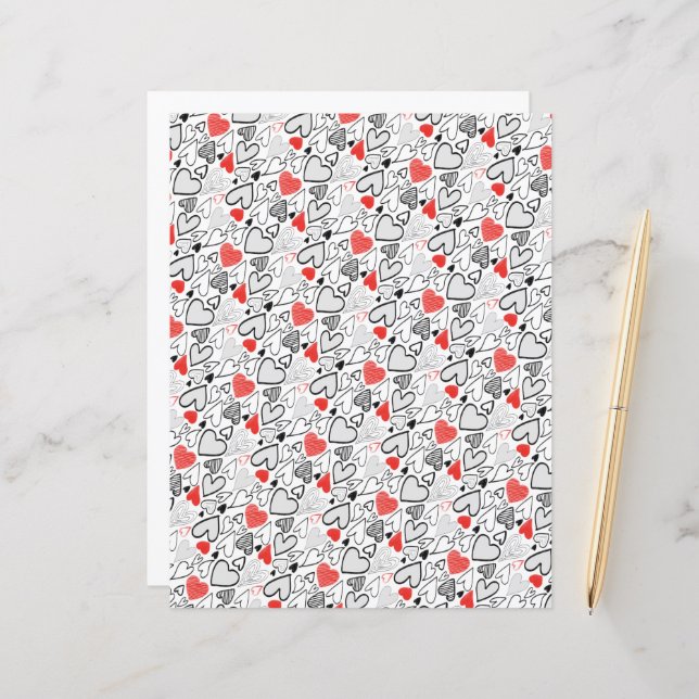 Fun Red Black Doodle Hearts White Scrapbook Paper (Vorderseite/Rückseite Beispiel)