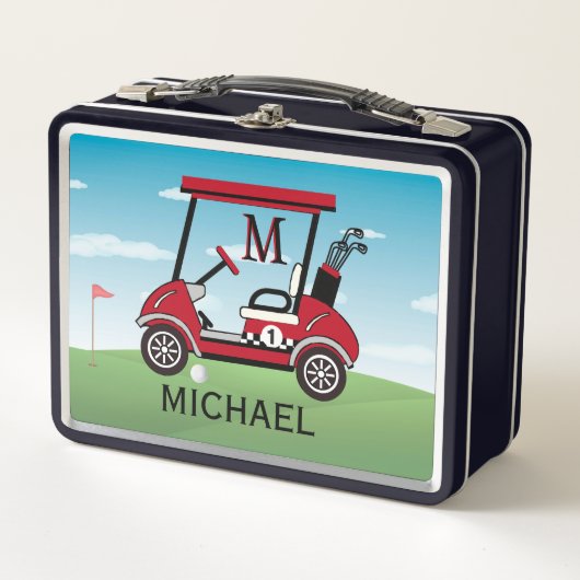 Fun Red & Black Golf Cart Name Monogram Metall Brotdose (Vorderseite)