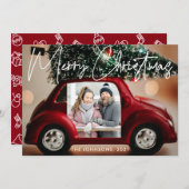 Fun Red Car Frohe Weihnachtsfotokarte Einladung (Vorne/Hinten)