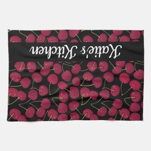 Fun Red Cherries | Name hinzufügen Geschirrtuch (Horizontal)