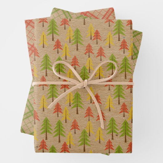 Fun Red Green Yellow Abstrakt Pine Tree Muster Geschenkpapier Set (Beispiel)