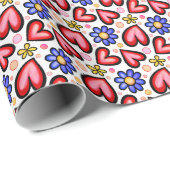 Fun Red Hearts und Lila gelbe Blumen Geschenkpapier (Rolleneckpunkt)