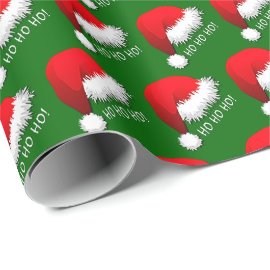 Fun Red Santa Claus Hat HOHOHO on Green Geschenkpapier (Rolleneckpunkt)