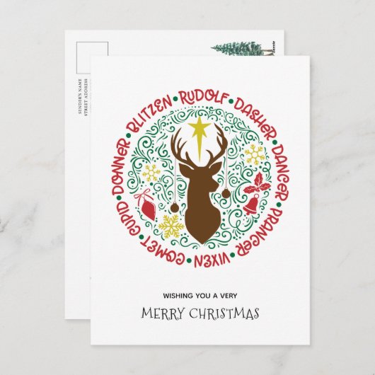 Fun Red Script Santa Reindeer Name Weihnachten (Vorne/Hinten)