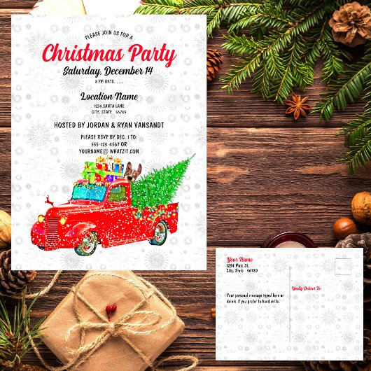 Fun Red Truck White Snow Tree Lights Party Xmas Postkarte
