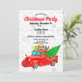 Fun Red Truck White Snow Tree Lights Xmas Party Einladung (Stehend Vorderseite)