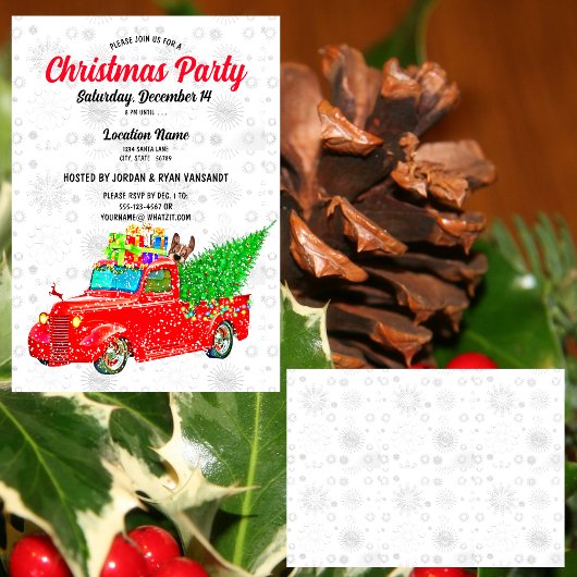 Fun Red Truck White Snow Tree Lights Xmas Party Einladung