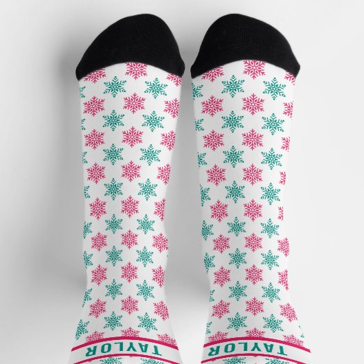 Fun Red White Green Snowflakes Pattern Individuell Socken (Oben)