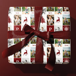 Fun Red Woodland Custom Foto Collage Monogram Geschenkpapier
