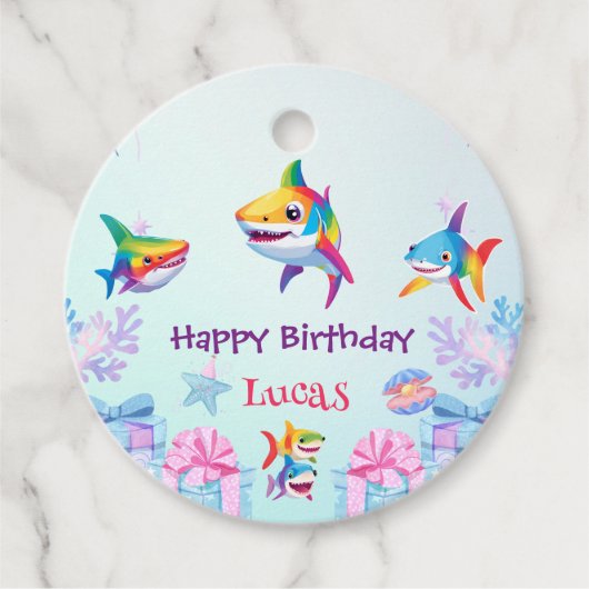 Fun Regenbogenhai Geburtstagsballon Party Familie Geschenkanhänger (Vorderseite)