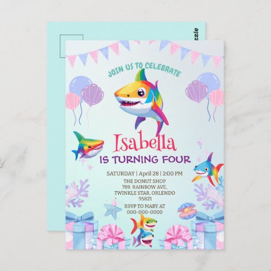 Fun Regenbogenhai Geburtstagsballon Party Familie Postkarte (Vorne/Hinten)