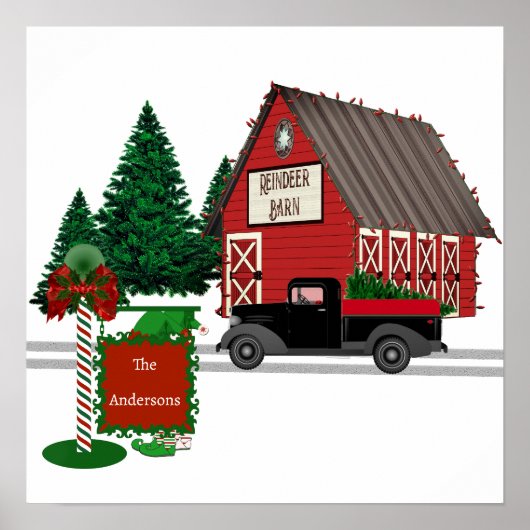 Fun Rentier Barn w Truck und Elf Sign Print Poster (Vorne)