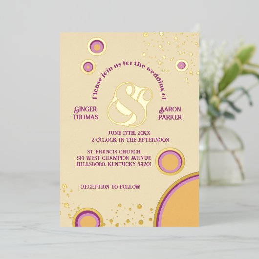 Fun Retro 70er Groovy Circles Wedding Gold Folieneinladung (Stehend vorne)