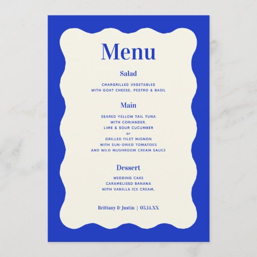 Fun Retro Blue Modern Wavy Wedding Menu Cards Menükarte (Vorderseite)
