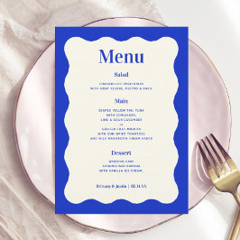 Fun Retro Blue Modern Wavy Wedding Menu Cards Menükarte