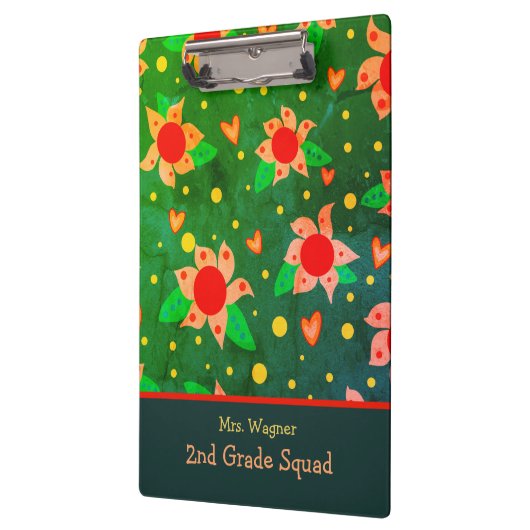 Fun Retro Blume Grüner Personalisierter Lehrer Klemmbrett (Links)