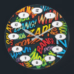 Fun Retro Comic Book Pop Art Sounds Große Wanduhr<br><div class="desc">Fun trendy superhero comic book pop clocks that are sure to add a splash of colour to a range of rooms around your home or office. An ideal way to treat yourself or someone that you know with these cool, unique comic con designer clocks. Why not add some zap pow...</div>