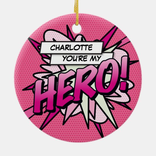 Fun Retro Comic Du bist mein HERO Pink Keramik Ornament (Hinten)