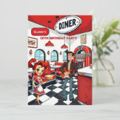 Fun Retro Diner Birthday Party Red White Rocker Einladung (Stehend Vorderseite)
