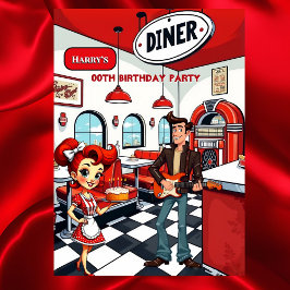 Fun Retro Diner Birthday Party Red White Rocker Einladung