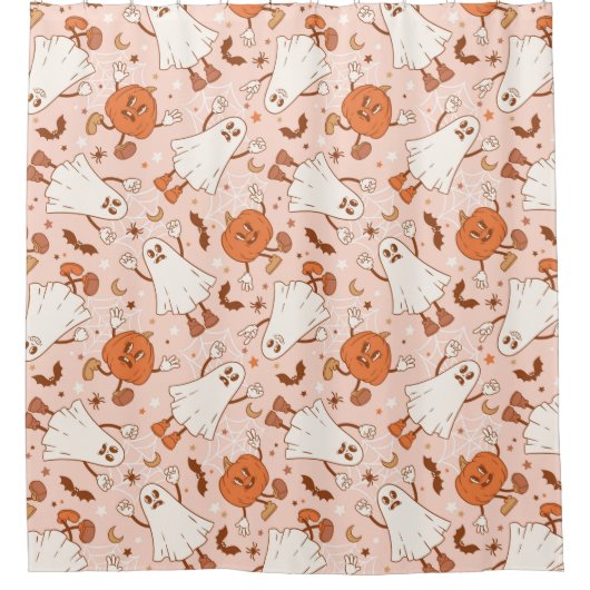 Fun Retro Ghost & Jack-O-Lantern Muster Duschvorhang (Vorderseite)