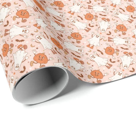 Fun Retro Ghost & Jack-O-Lantern Muster Geschenkpapier (Rolleneckpunkt)