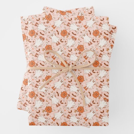 Fun Retro Ghost & Jack-O-Lantern Muster Geschenkpapier Set (Beispiel)