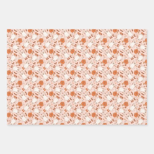 Fun Retro Ghost & Jack-O-Lantern Muster Geschenkpapier Set (Vorderseite)