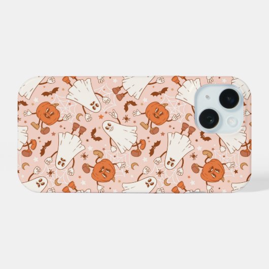Fun Retro Ghost & Jack-O-Lantern Muster iPhone 15 Hülle (Rückseite (Horizontal))