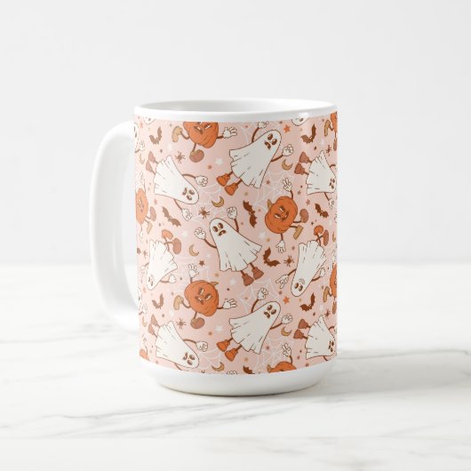 Fun Retro Ghost & Jack-O-Lantern Muster Kaffeetasse (Vorderseite Links)