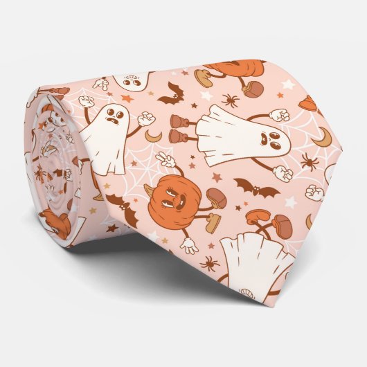 Fun Retro Ghost & Jack-O-Lantern Muster Krawatte (Gerollt)