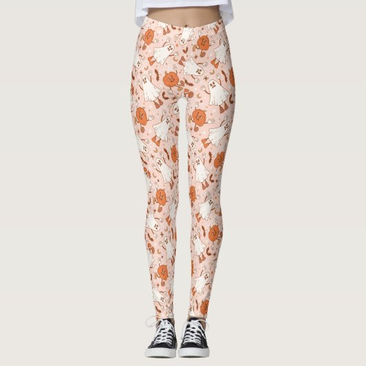 Fun Retro Ghost & Jack-O-Lantern Muster Leggings (Vorderseite)