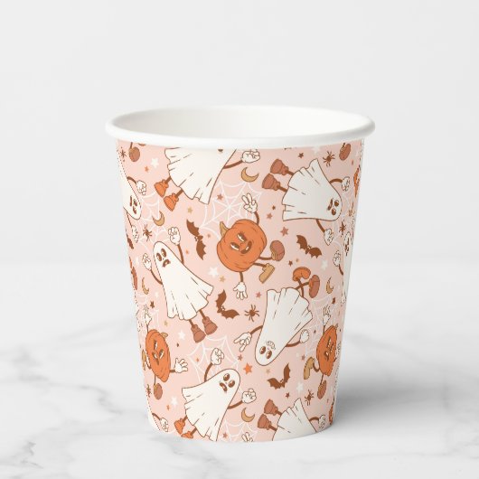 Fun Retro Ghost & Jack-O-Lantern Muster Pappbecher (Rückseite)