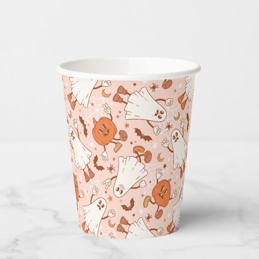 Fun Retro Ghost & Jack-O-Lantern Muster Pappbecher (Links)