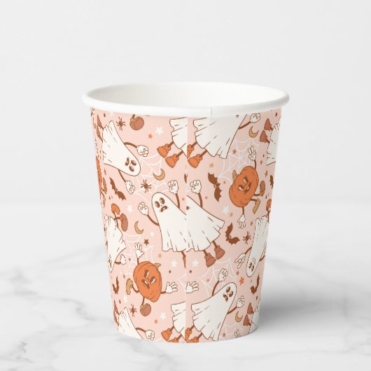 Fun Retro Ghost & Jack-O-Lantern Muster Pappbecher (Rechts)