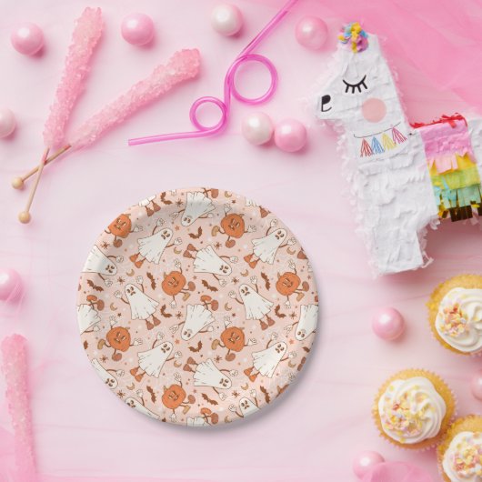 Fun Retro Ghost & Jack-O-Lantern Muster Pappteller (Party)