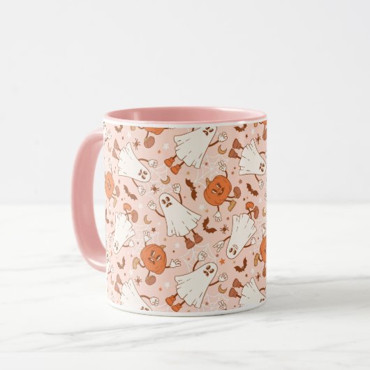 Fun Retro Ghost & Jack-O-Lantern Muster Tasse (Vorderseite Links)