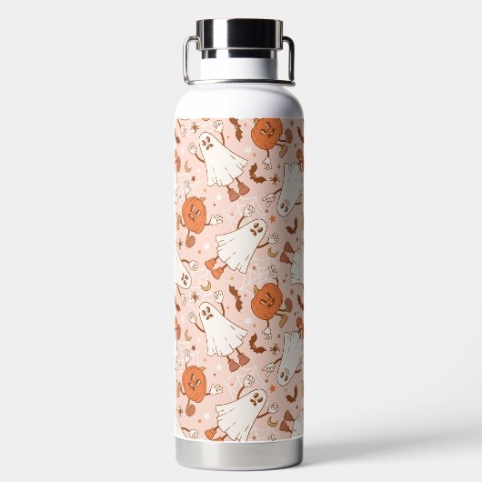 Fun Retro Ghost & Jack-O-Lantern Muster Trinkflasche (Rückseite)