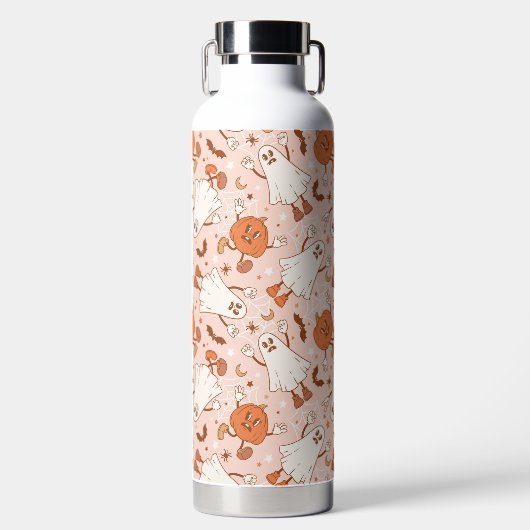 Fun Retro Ghost & Jack-O-Lantern Muster Trinkflasche (Vorderseite)