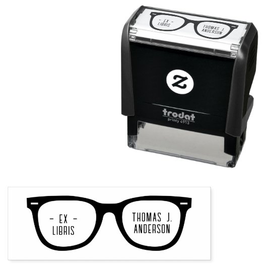 Fun Retro Glasses Individuelle Name Ex Libris Libr Permastempel (Beispiel)
