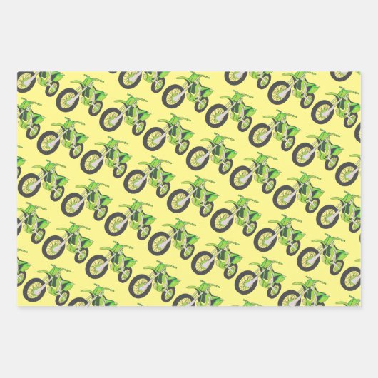 Fun Retro Motorrad grün, rot, blau dreckig Fahrräd Geschenkpapier Set (Vorderseite)